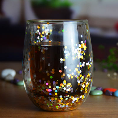 13oz Customized Borosilicate Double Wall Tumbler Drinking Glasses With  Colorful Glitter Inside